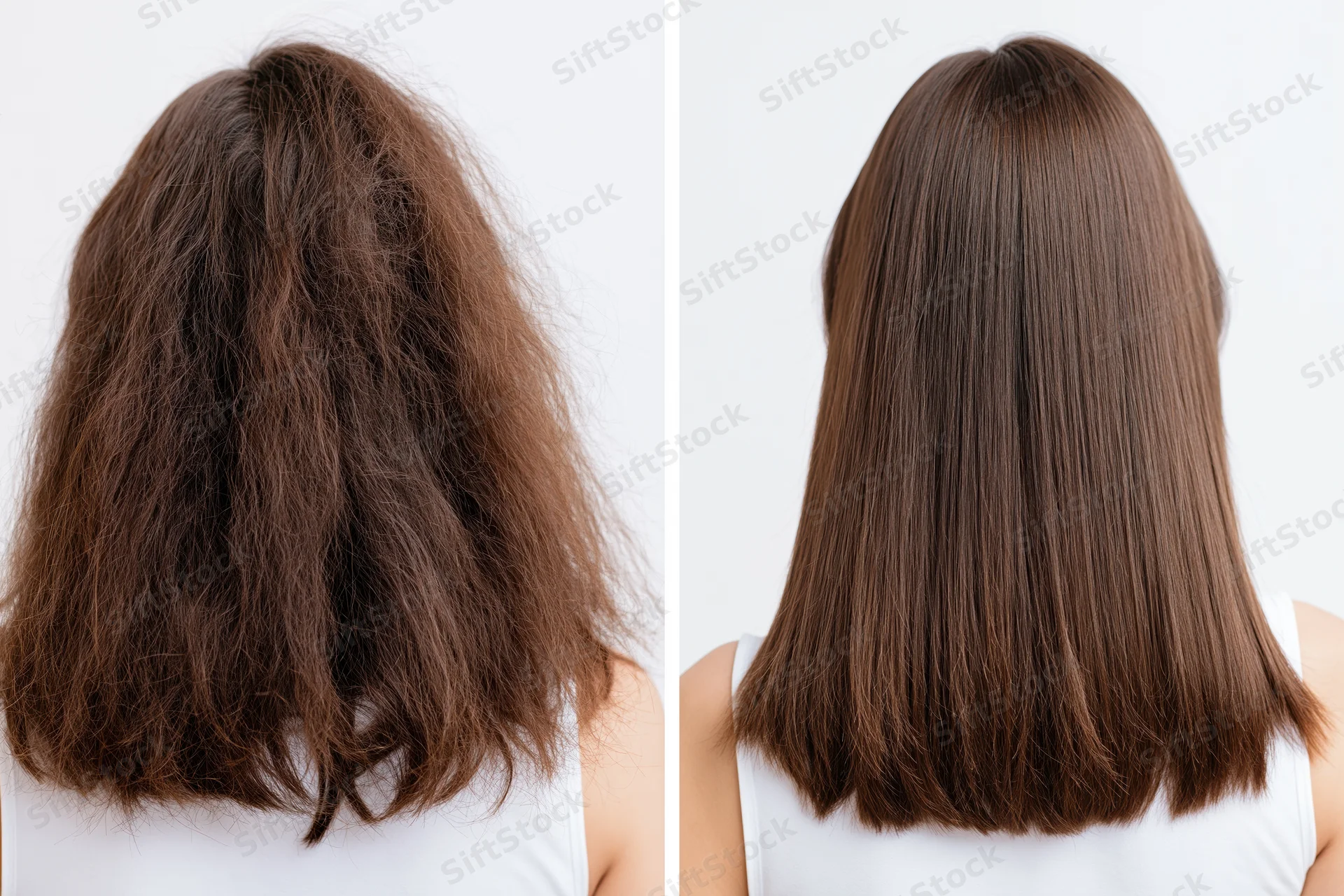 Back view of a woman’s medium-length brown hair before and after treatment showing frizzy to smooth transformation