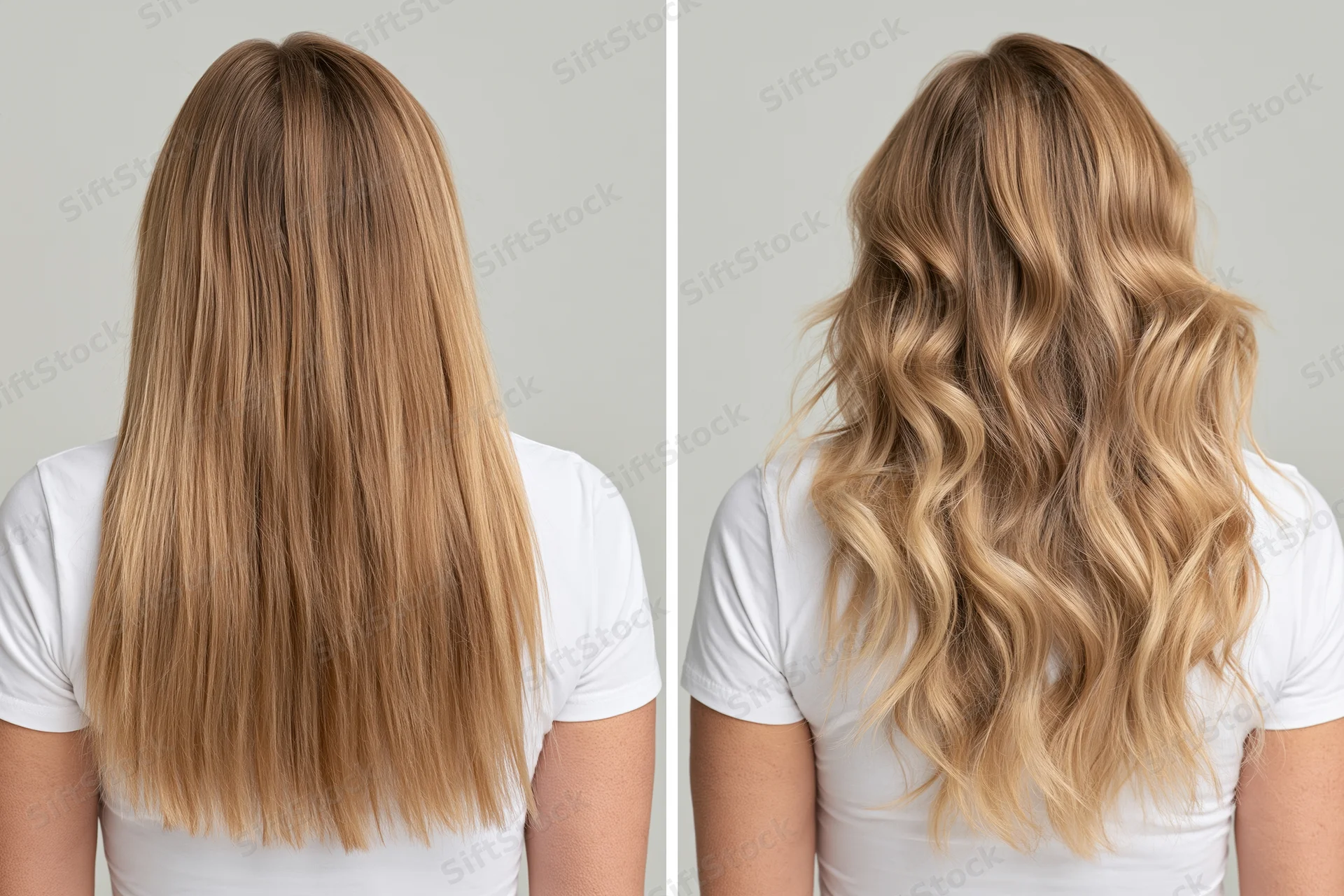 Back view of a woman’s hair showing straight and wavy styles side by side