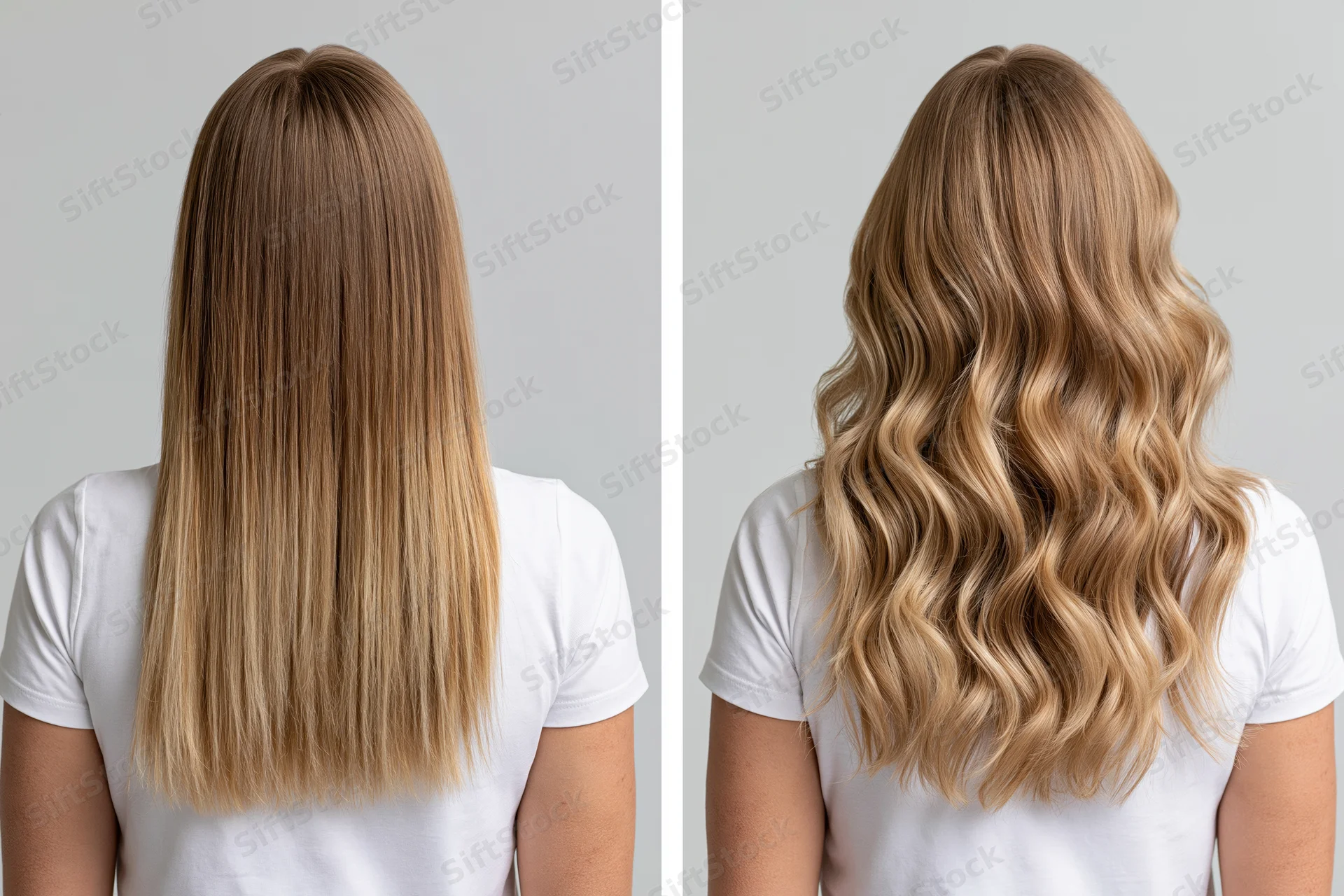 Back view of a young woman’s blonde hair shown straight on left and wavy on right, demonstrating a hair transformation