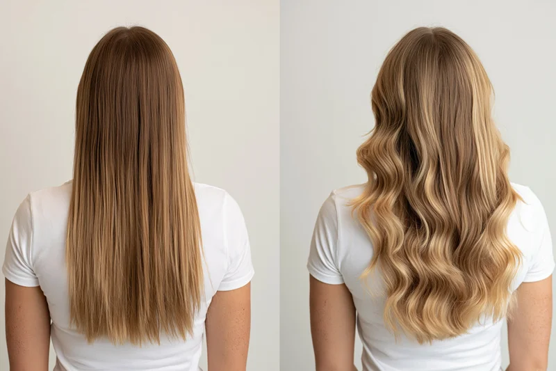 Back view of a woman’s hair before and after styling showing straight brown hair and wavy blonde highlights