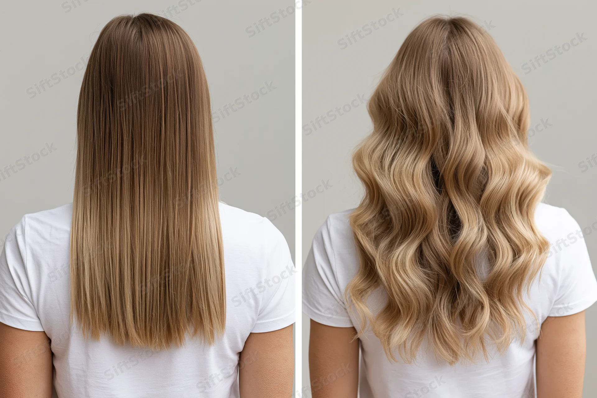 Back view of a woman’s hair showing straight and wavy styles side by side