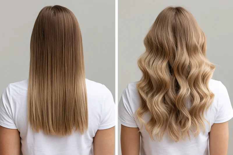 Back view of a woman’s hair showing straight and wavy styles side by side