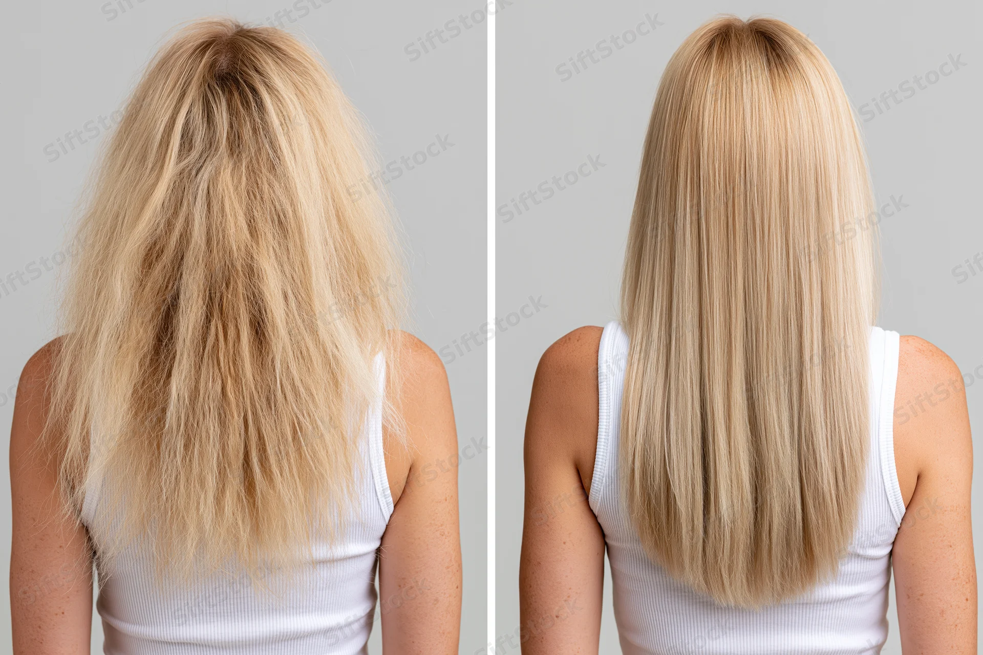 Woman’s back view showing frizzy damaged hair before and smooth straight hair after treatment in studio setting
