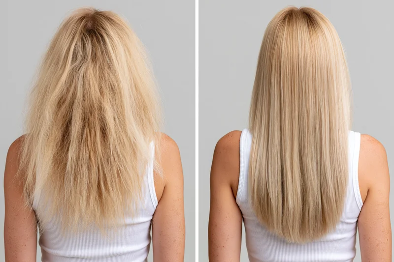 Woman’s back view showing frizzy damaged hair before and smooth straight hair after treatment in studio setting
