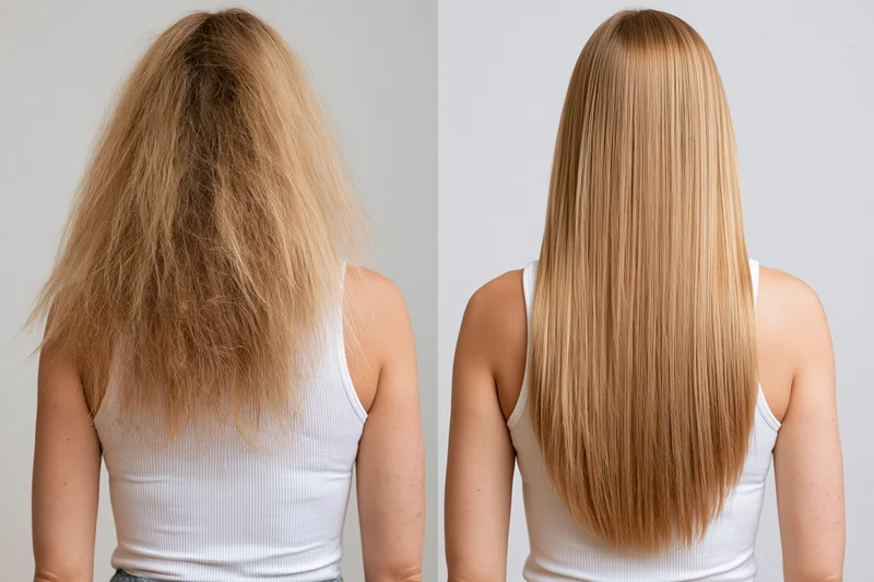 Woman’s back view showing frizzy damaged hair before and smooth straight hair after treatment in studio setting