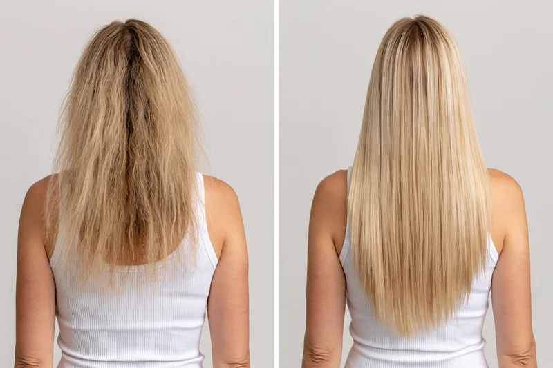 Woman showing before and after hair transformation from frizzy to smooth straight blonde hair from back view in studio setting