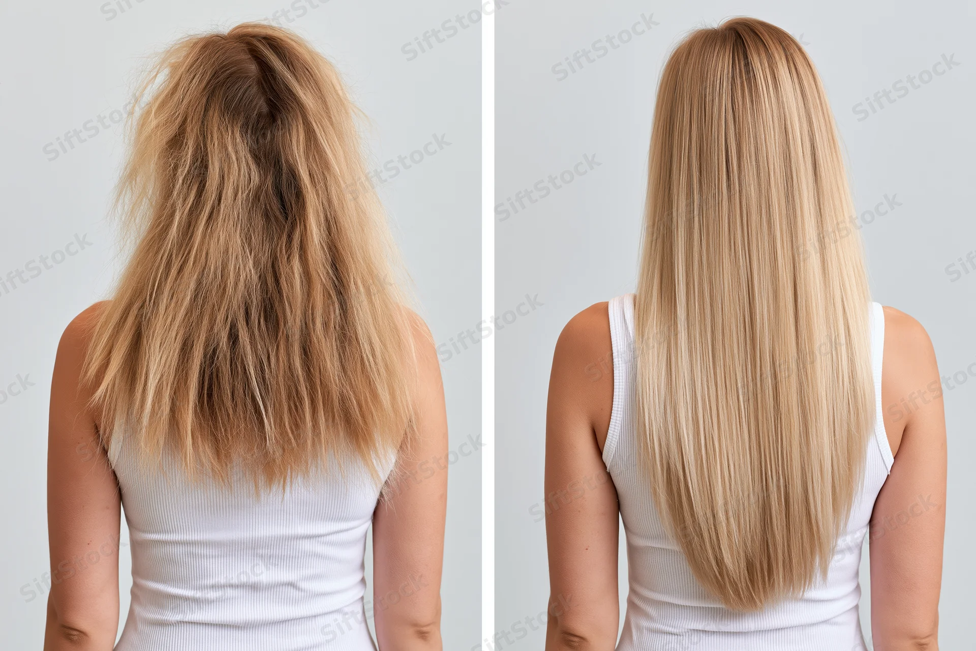 Woman’s back view showing frizzy damaged hair before and smooth straight hair after treatment in studio setting