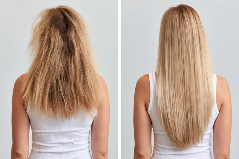 Woman’s back view showing frizzy damaged hair before and smooth straight hair after treatment in studio setting