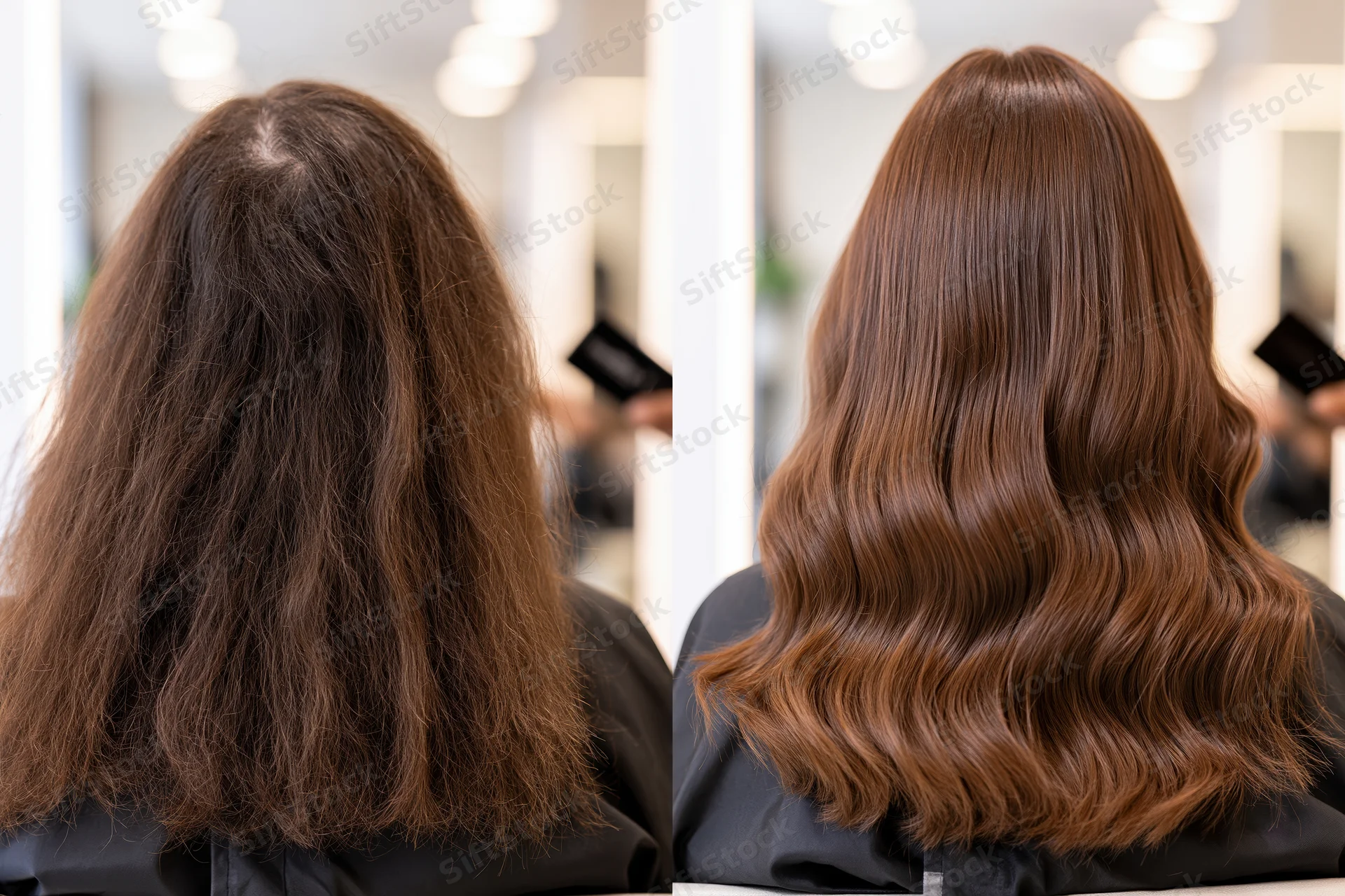 Woman’s hair before and after salon treatment showing frizzy to smooth wavy transformation