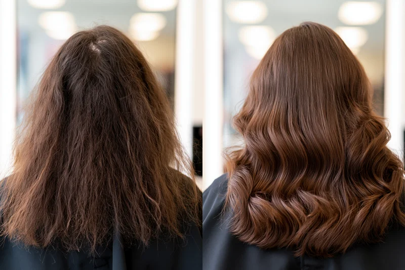 Back view of a woman’s hair before and after styling in a salon