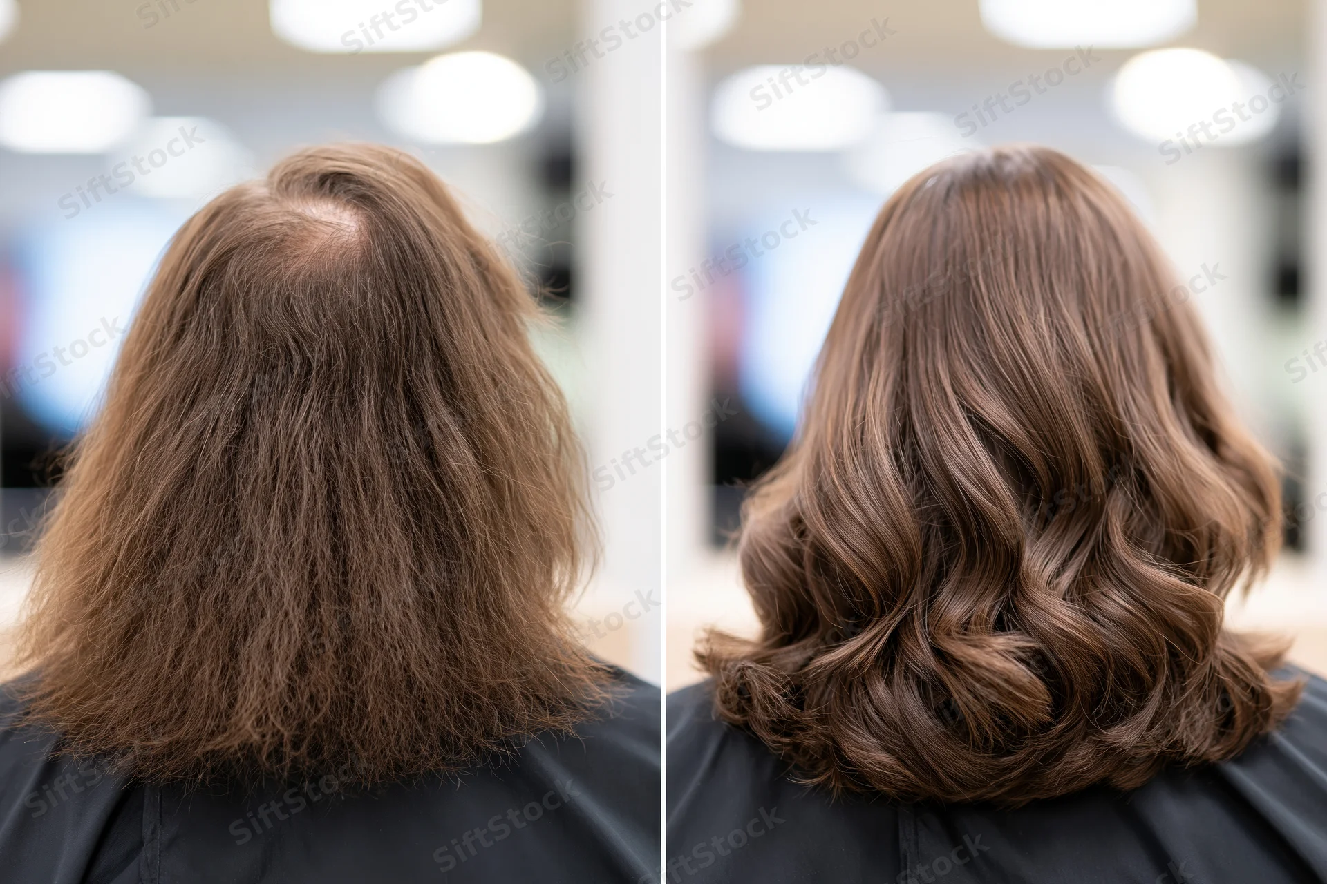Woman's hair before and after styling in salon, showing thinning and then voluminous waves