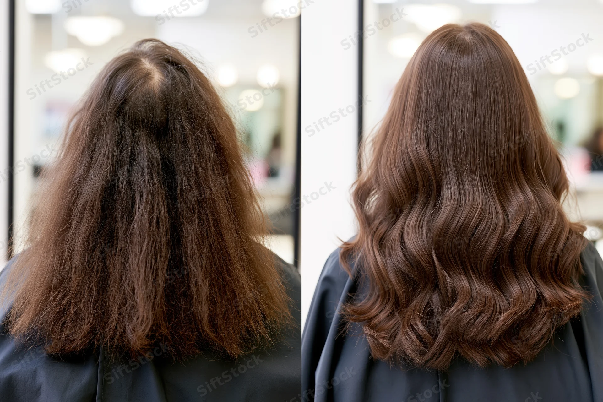 Woman's hair before and after styling in a salon, showing frizzy to smooth transformation