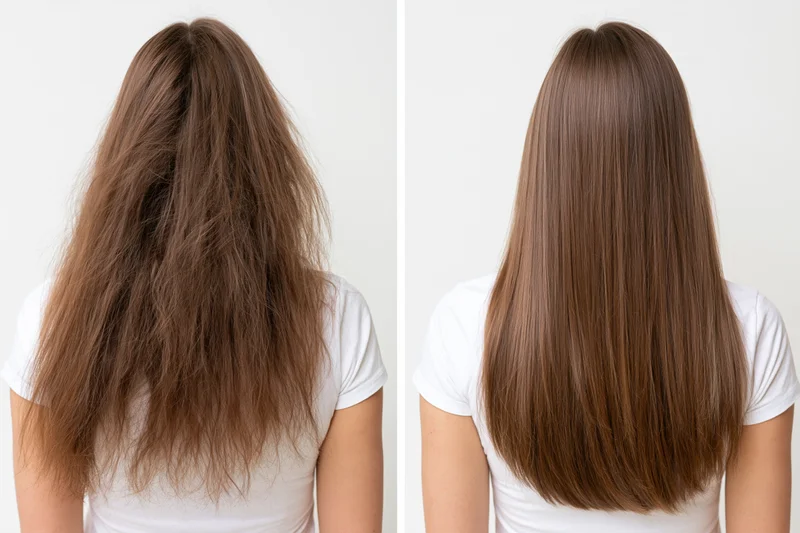 Back view of a woman’s long brown hair before and after treatment showing frizzy dry hair and smooth straight hair side by side in studio setting