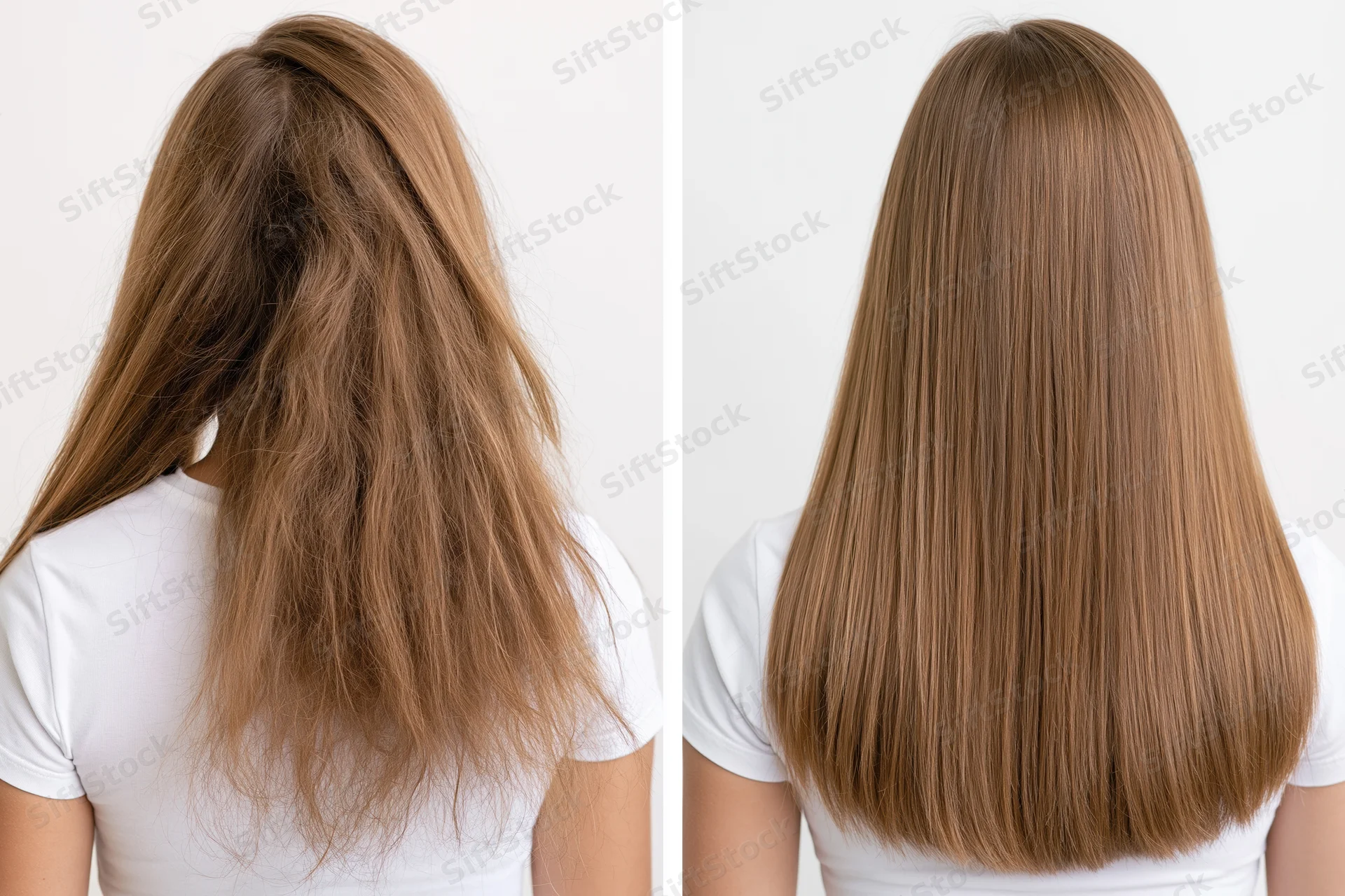 Back view of a woman with long brown hair showing frizzy tangled hair before and smooth straight hair after treatment in studio setting