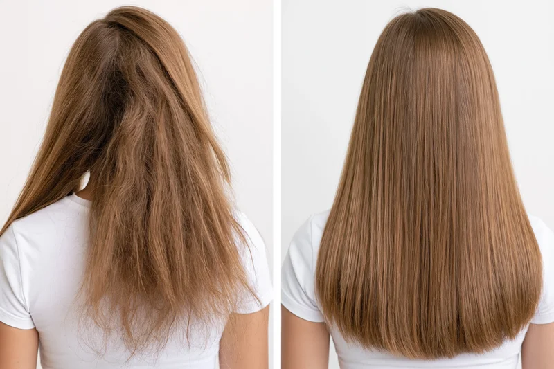 Back view of a woman with long brown hair showing frizzy tangled hair before and smooth straight hair after treatment in studio setting