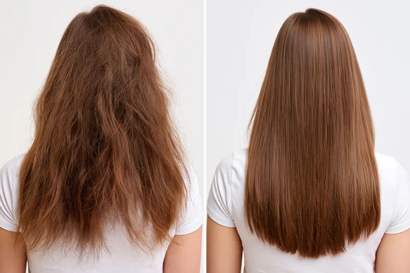 Back view of a woman’s hair before and after treatment showing frizzy dry hair and smooth straight hair in side-by-side comparison