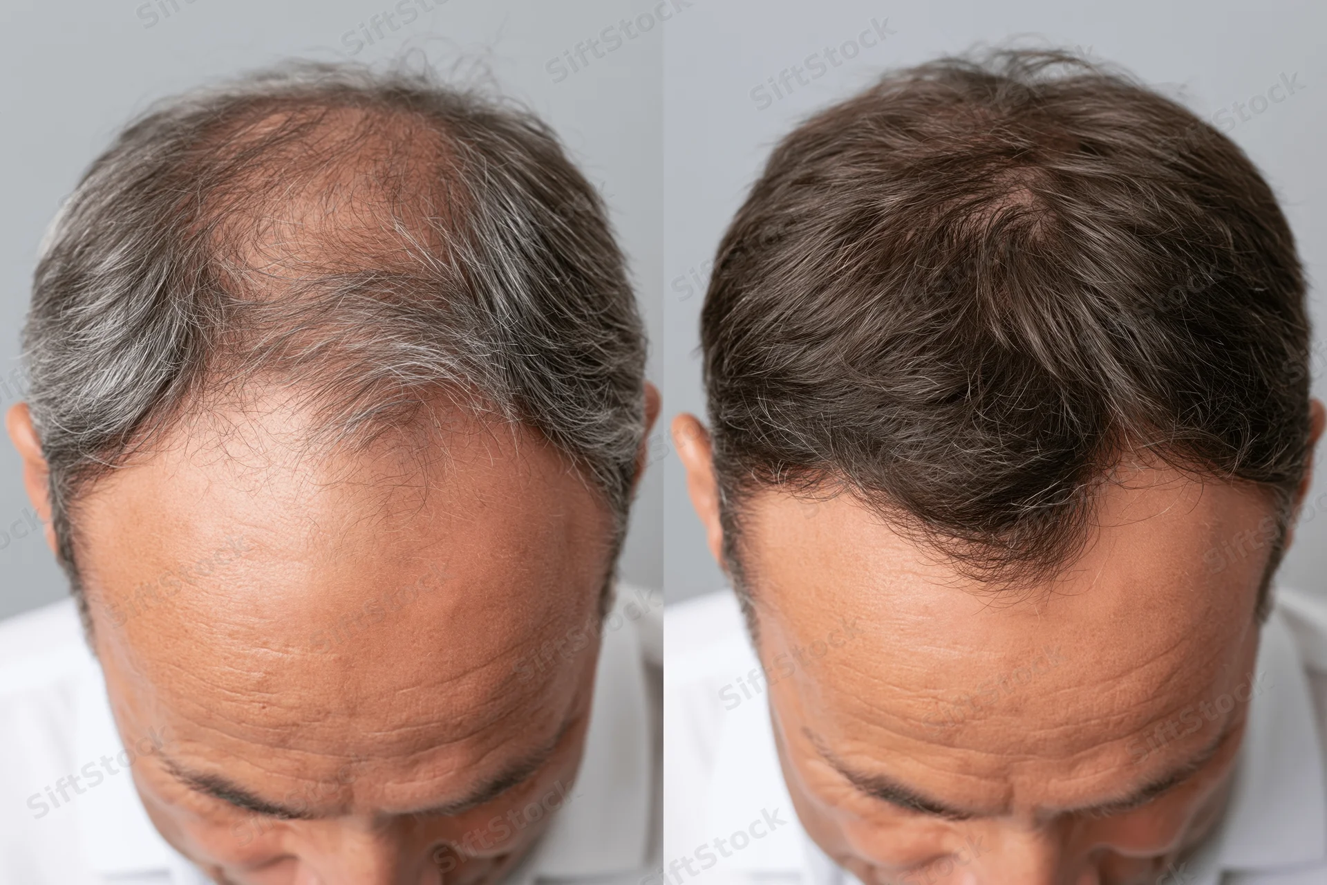 Close-up of a man’s scalp showing hair loss before and hair regrowth after treatment