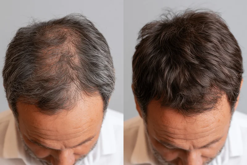 Man with thinning hair before and after treatment shown in side-by-side overhead closeup