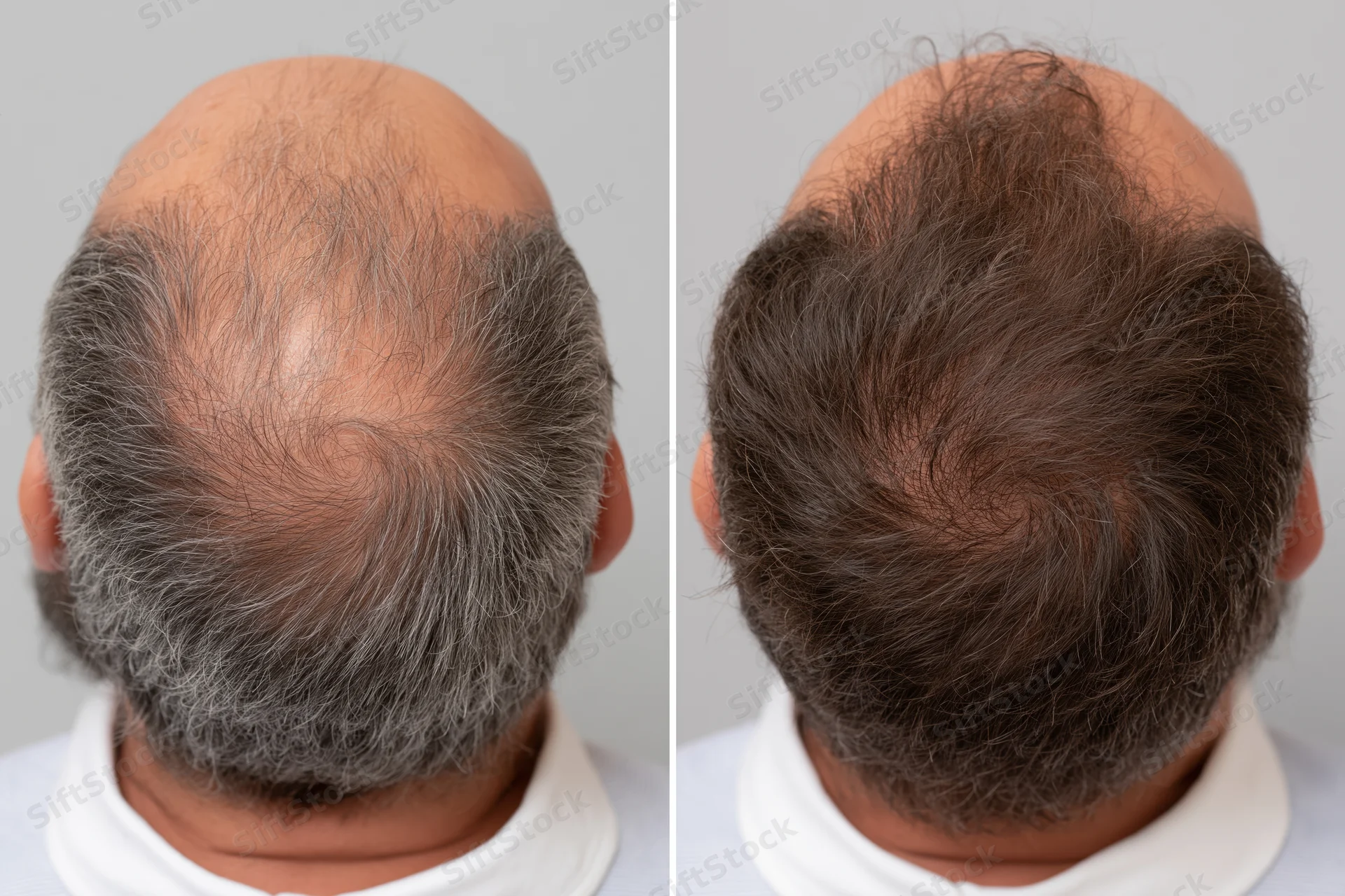 Back of man's head showing hair loss before and after treatment, overhead closeup comparison