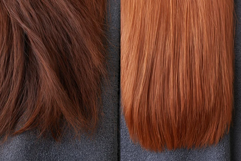 Auburn hair before and after treatment showing frizzy damaged texture versus smooth straight result