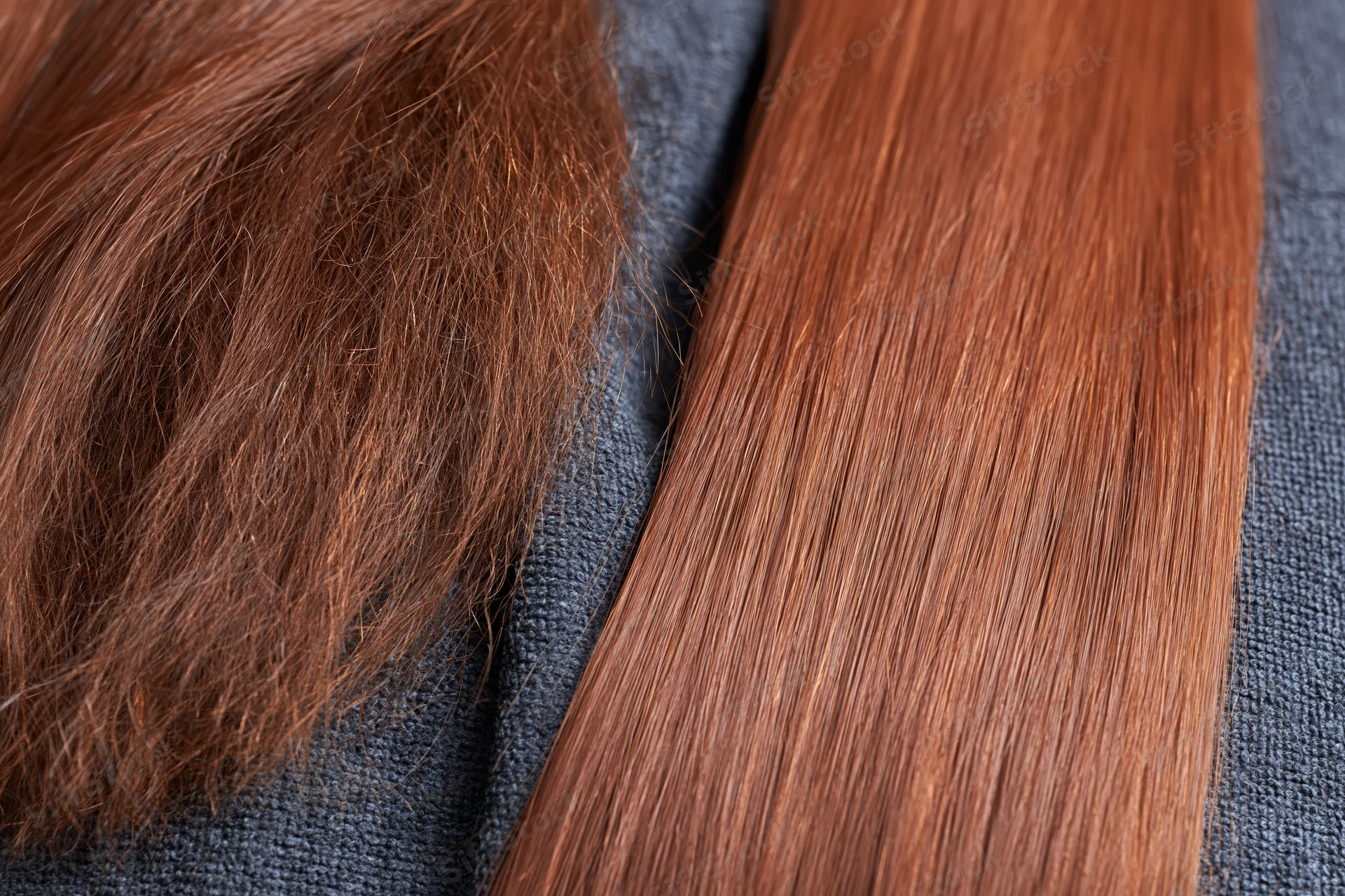 Auburn hair before and after treatment showing frizzy damaged texture versus smooth straight result