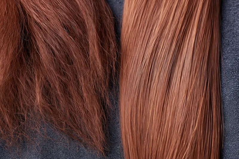 Auburn hair before and after treatment showing frizzy damaged texture versus smooth straight healthy strands