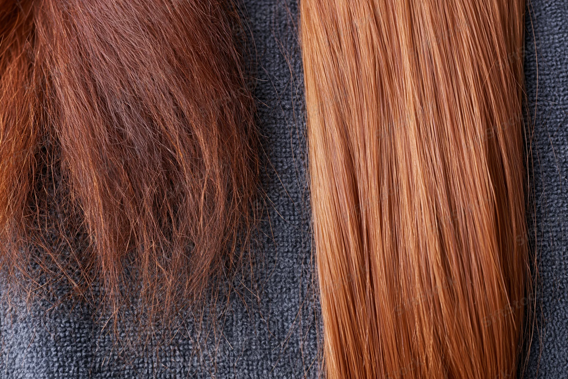 Auburn hair before and after treatment showing frizzy damaged texture versus smooth straight result