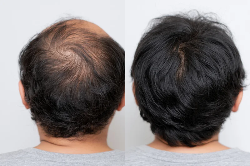 Back view of a man’s head showing hair thinning before and dense hair after treatment, isolated on white