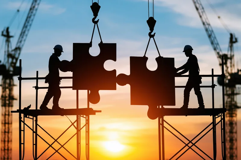 Silhouetted construction workers on scaffolding assembling large puzzle pieces against a sunset sky with cranes in the background