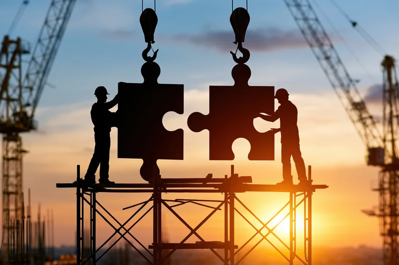 Silhouettes of construction workers on scaffolding assembling large puzzle pieces at sunset