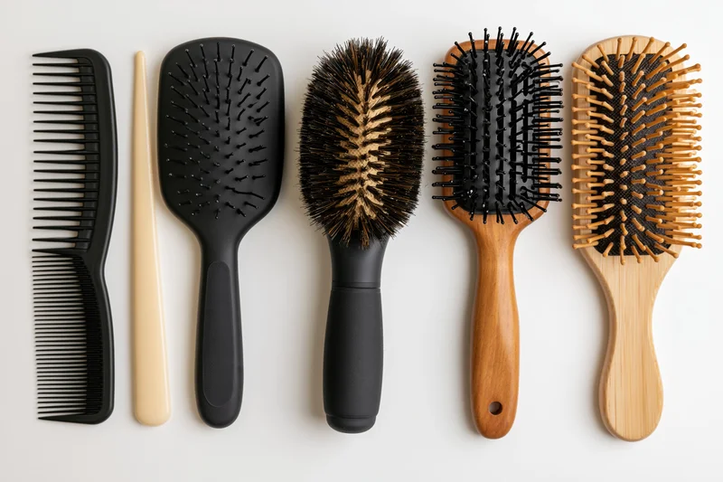 Six assorted hair brushes and combs arranged in a neat row on a white surface