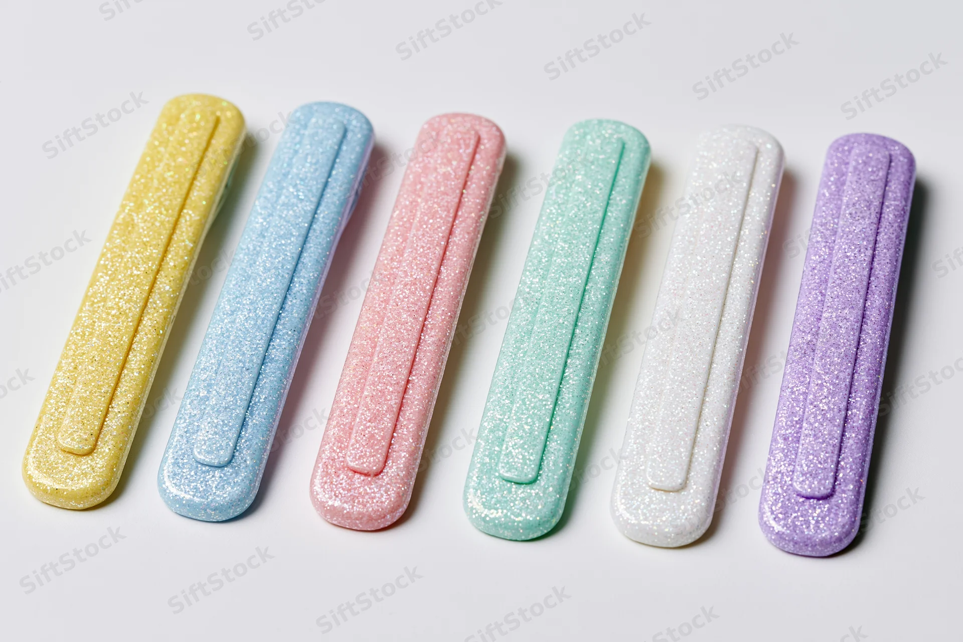 Six glitter snap hair clips arranged in a neat horizontal row on white background