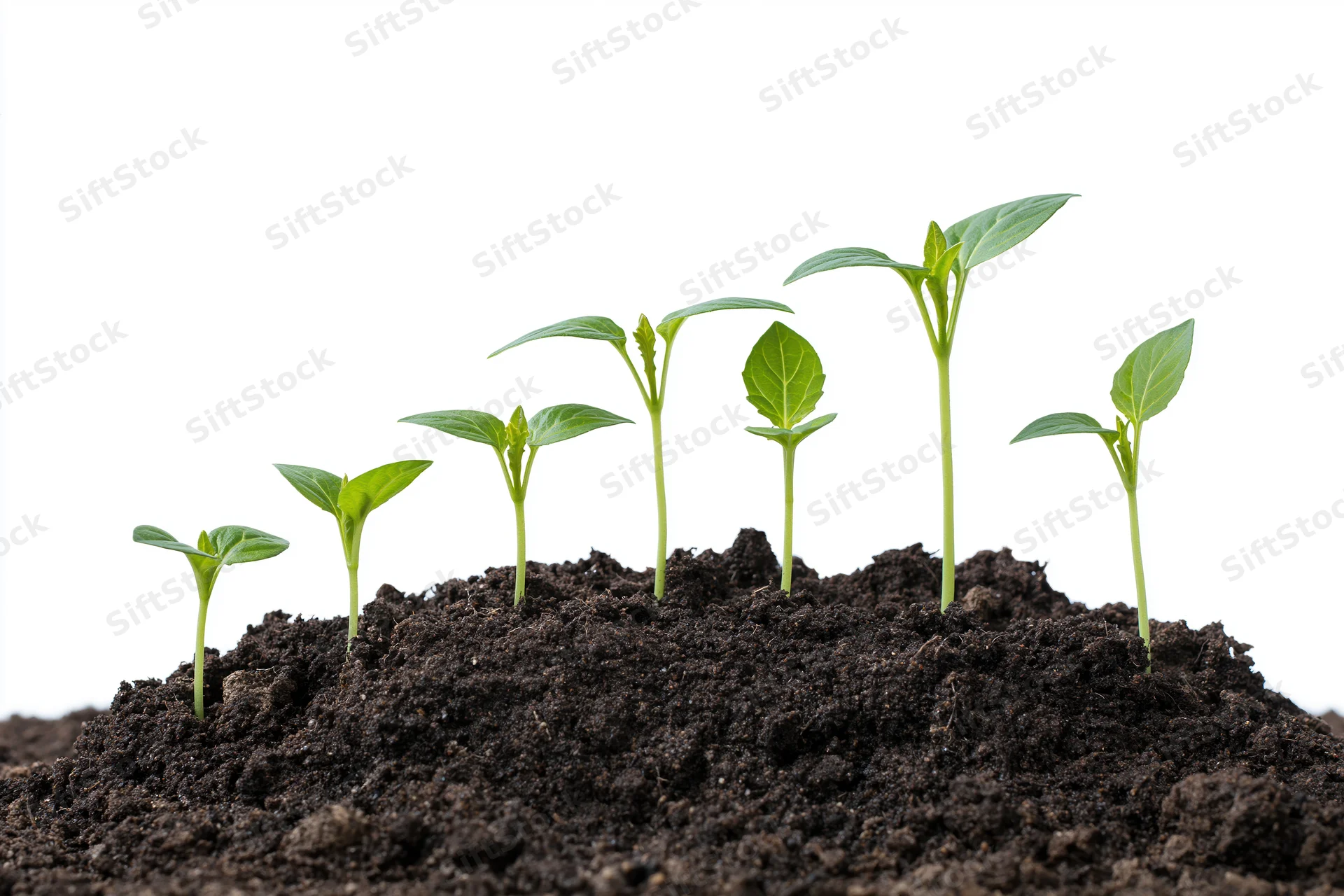Six seedlings in progressive growth stages emerging from soil against white background