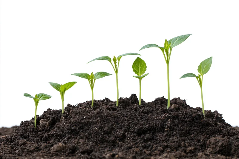 Six seedlings in progressive growth stages emerging from soil against white background