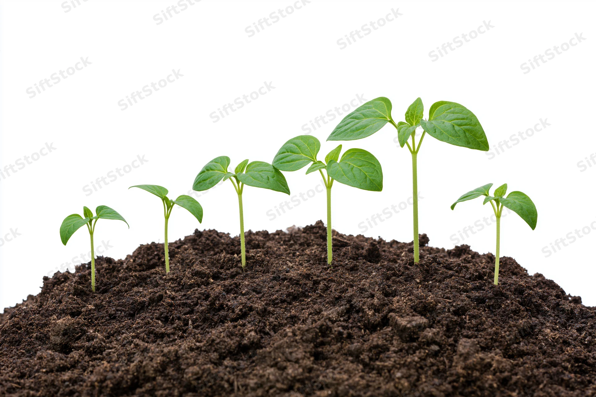 Six seedlings arranged in progressive growth sequence emerging from soil mound against white background