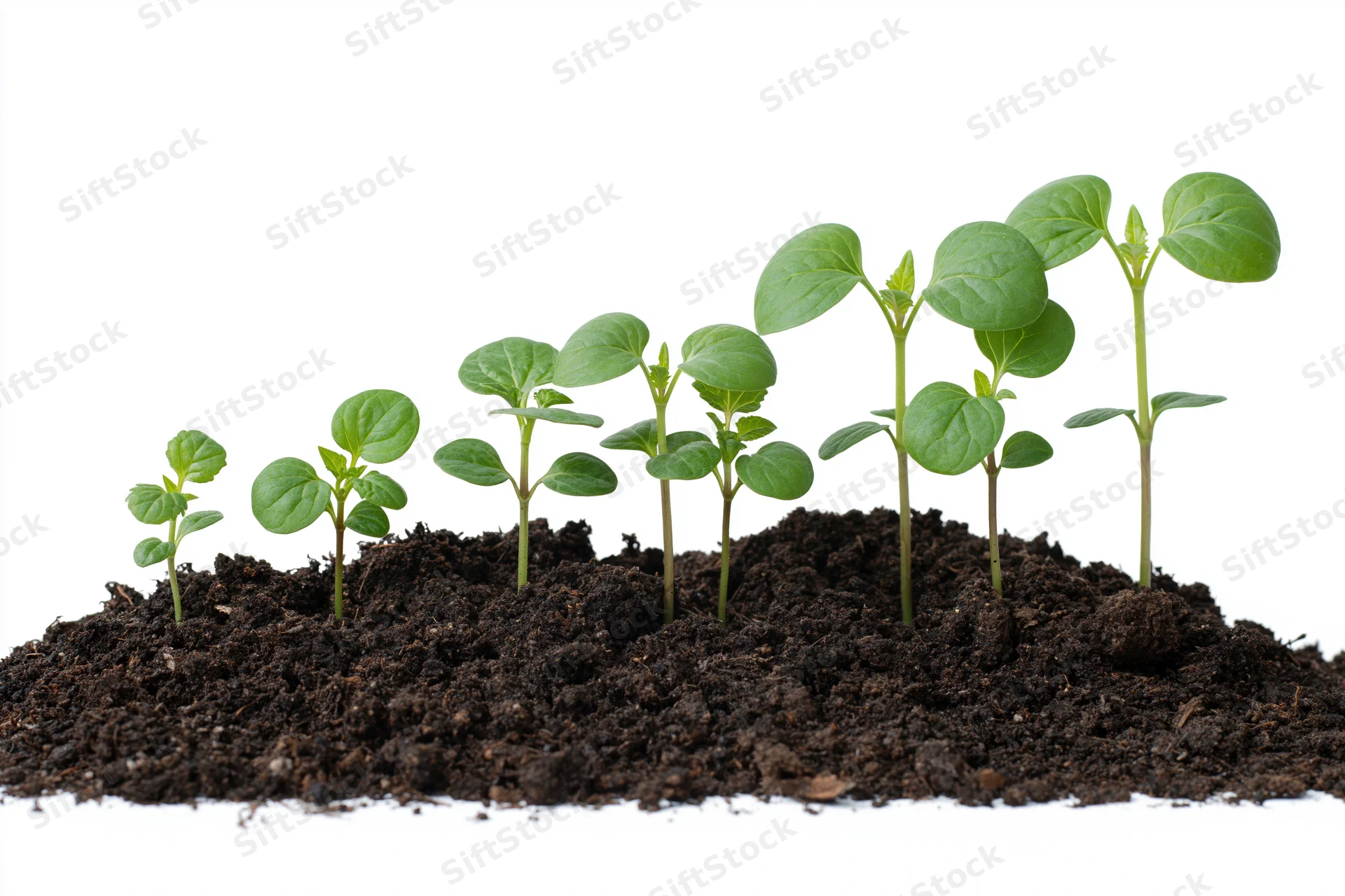 Six seedlings arranged in a row showing progressive growth stages in soil against white background