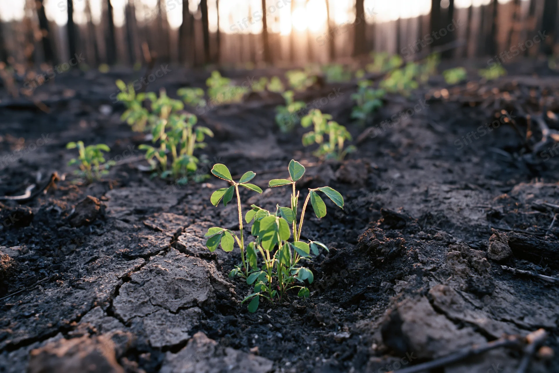 Bright green seedlings emerging from cracked black soil in a burned forest at sunrise