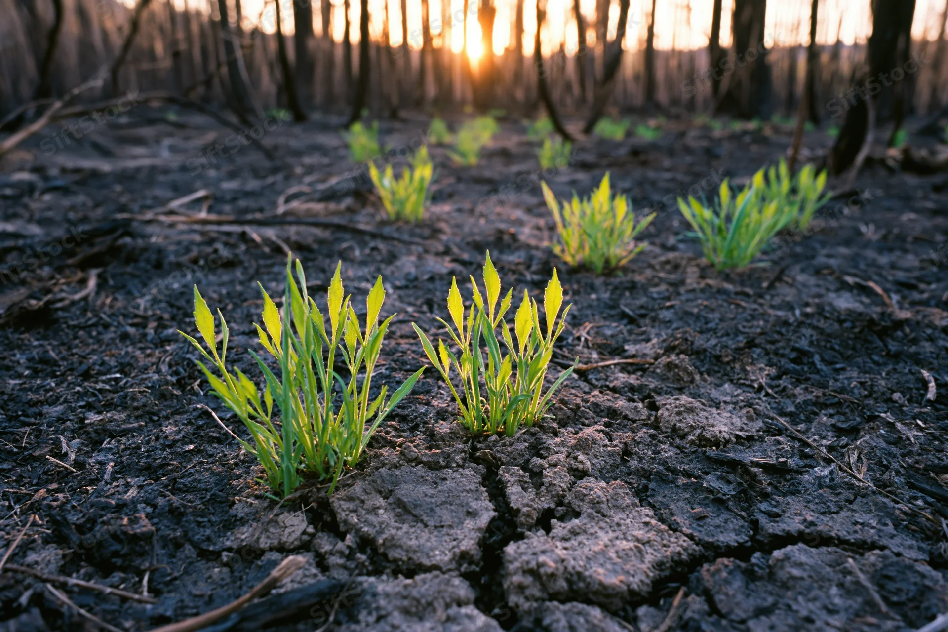 Bright green seedlings emerging from cracked black soil in a burned forest at sunrise