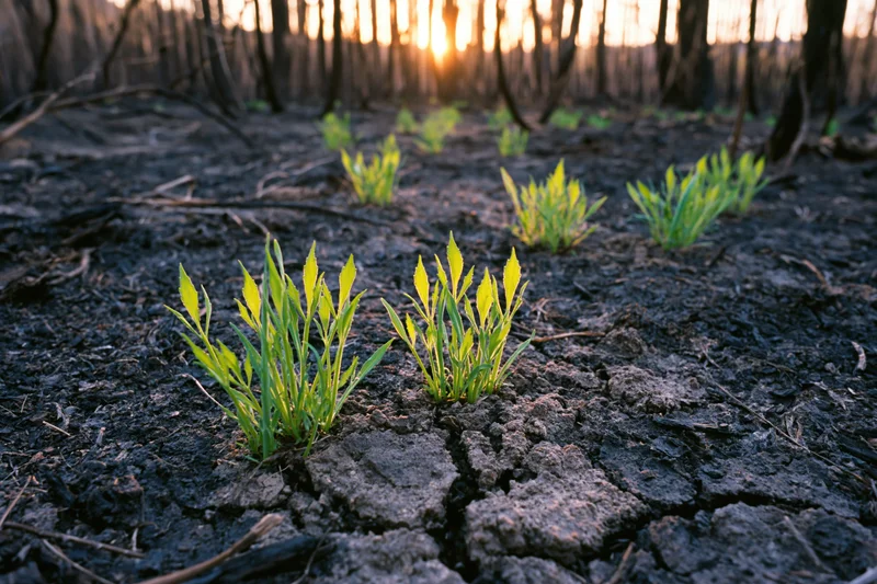 Bright green seedlings emerging from cracked black soil in a burned forest at sunrise
