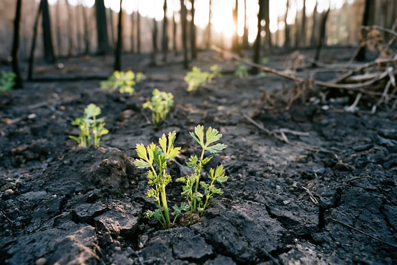 Bright green seedlings sprouting from cracked black soil in a burned forest at sunrise