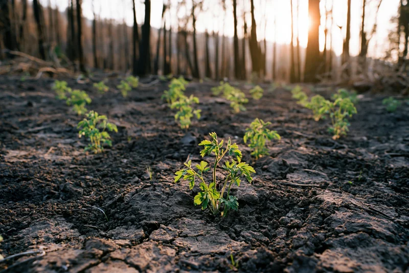 Small green seedlings emerging from cracked black soil in a burned forest at sunrise