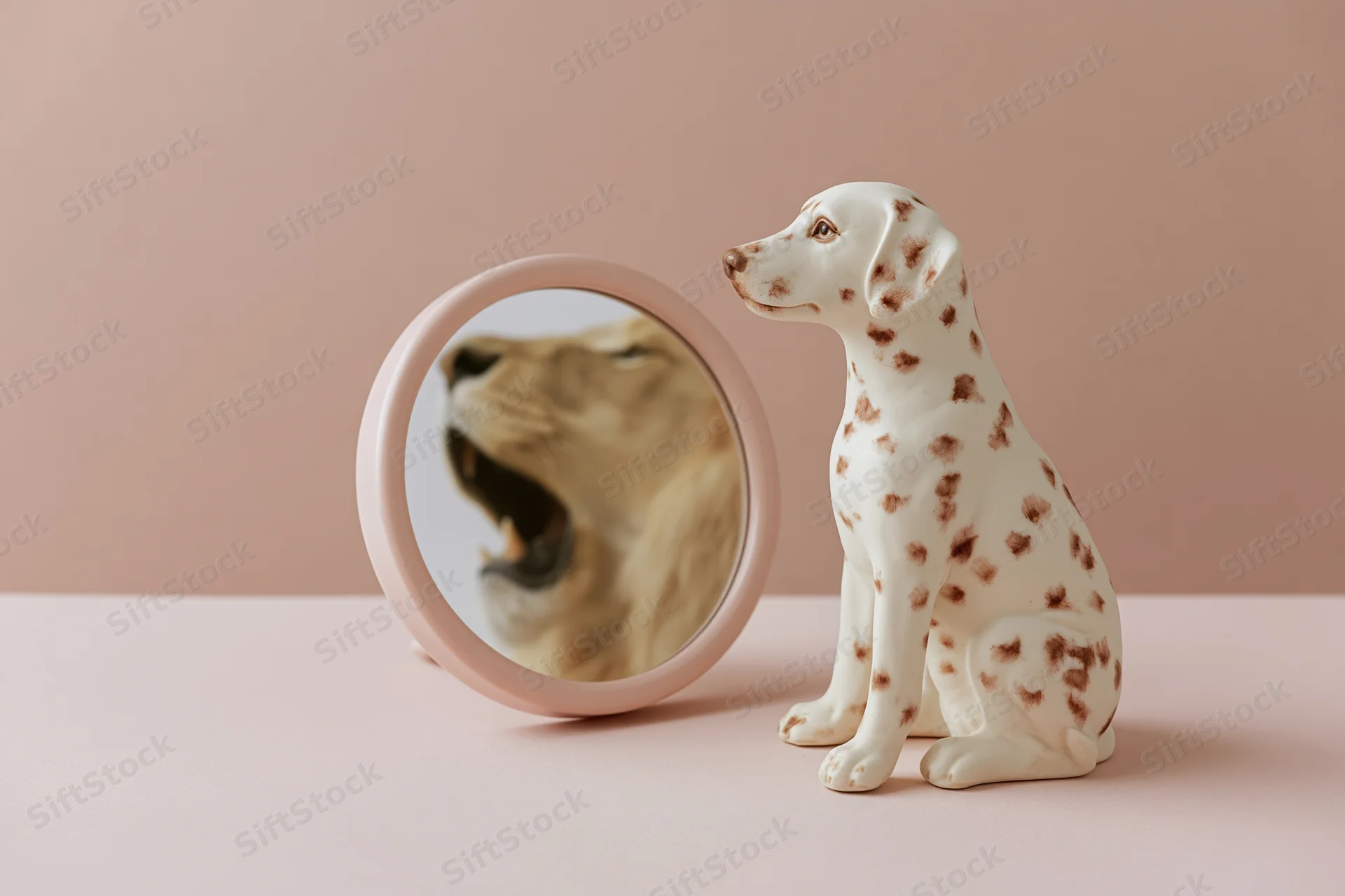 Ceramic dalmatian figurine sitting upright facing a round mirror with a dog reflection on a pink surface