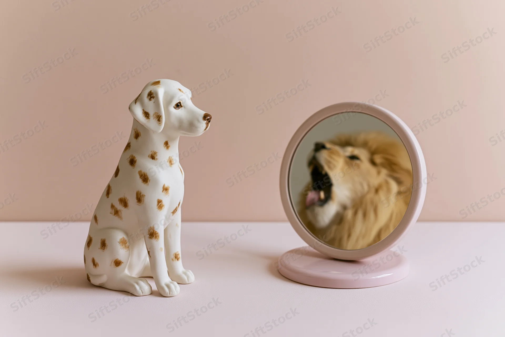 Ceramic dalmatian figurine facing a mirror reflecting a lion's image on a plain surface