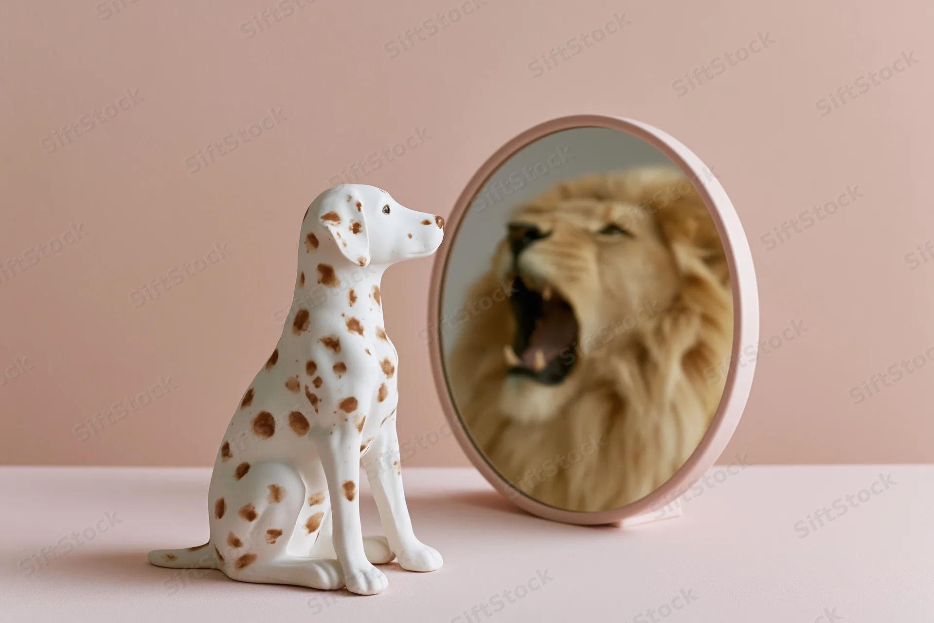 Ceramic dalmatian figurine sitting upright facing a round mirror reflecting a roaring lion