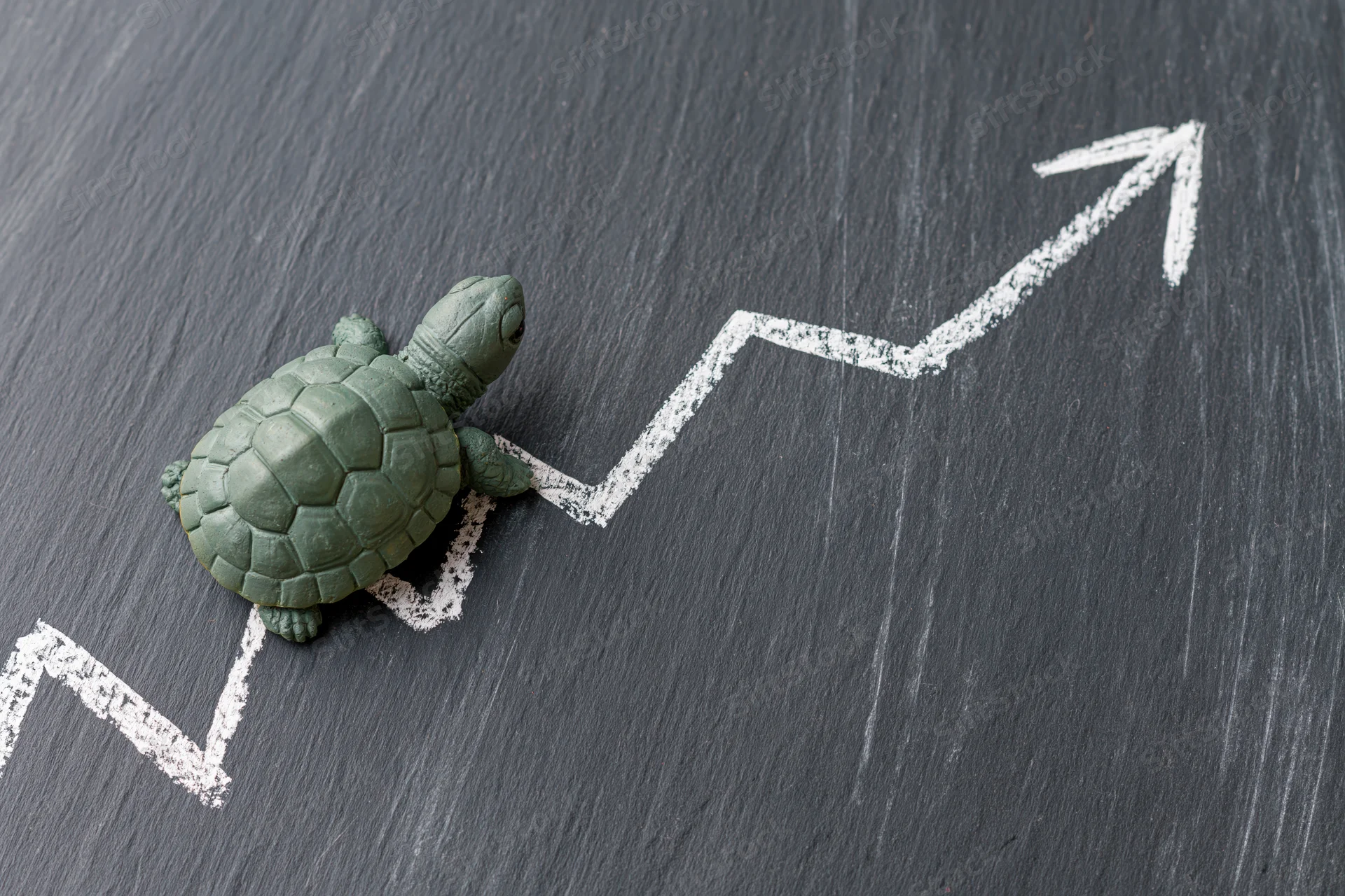 Green turtle figurine positioned on upward trending arrow drawn in chalk on dark slate surface