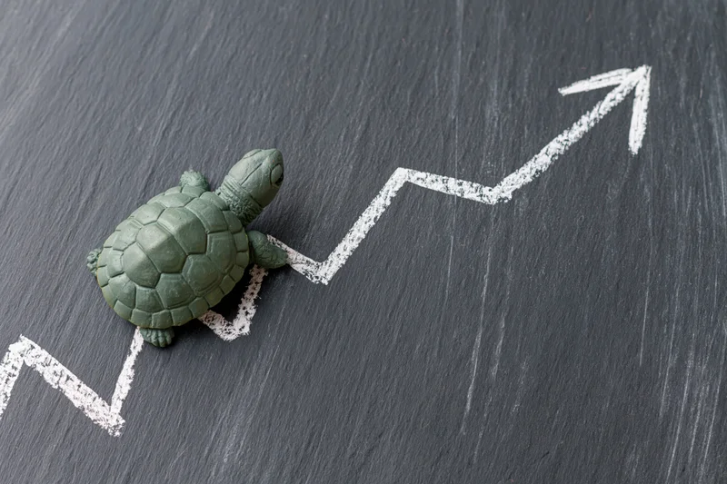 Green turtle figurine positioned on upward trending arrow drawn in chalk on dark slate surface