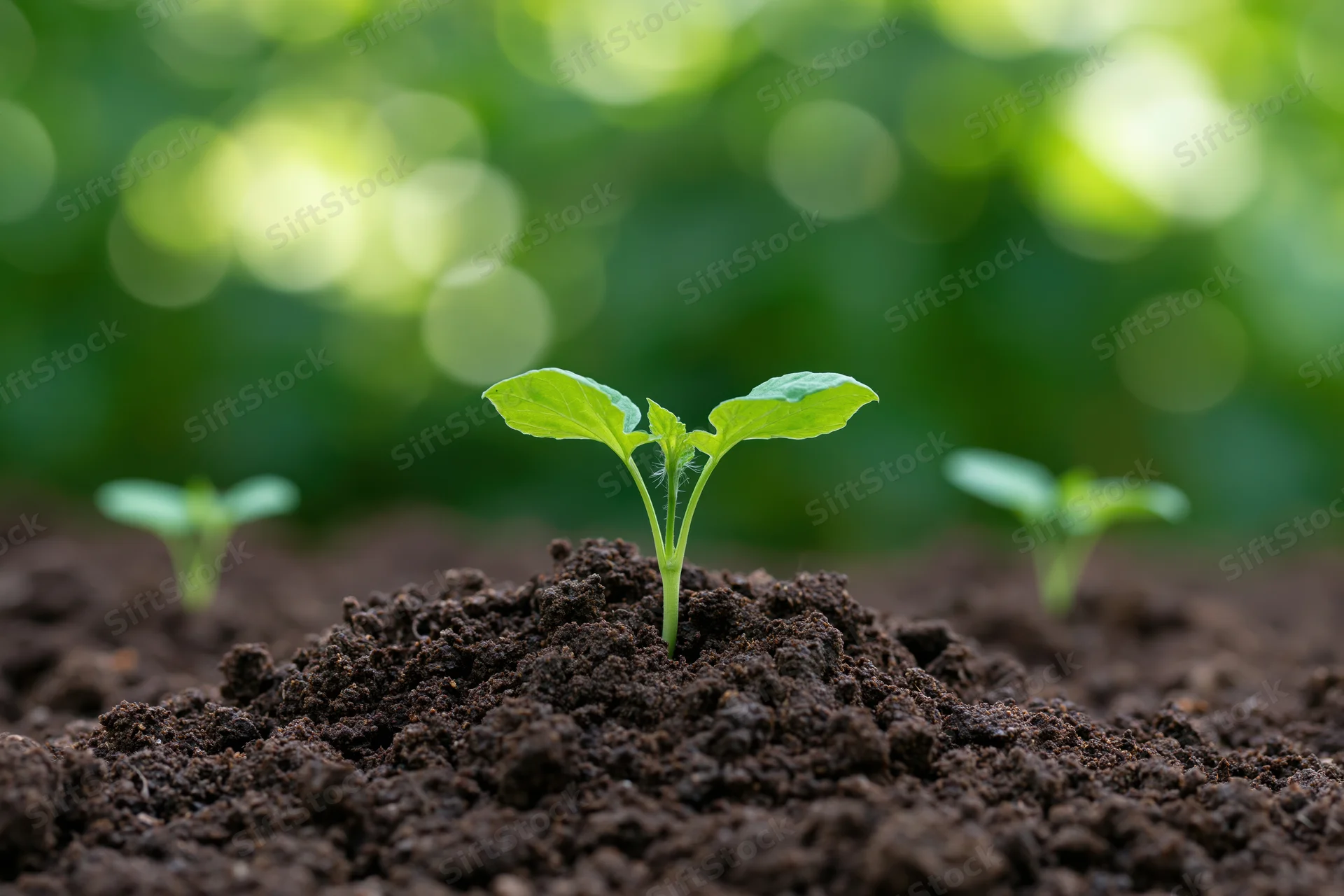 Small green seedling sprouting from dark rich soil in a garden setting