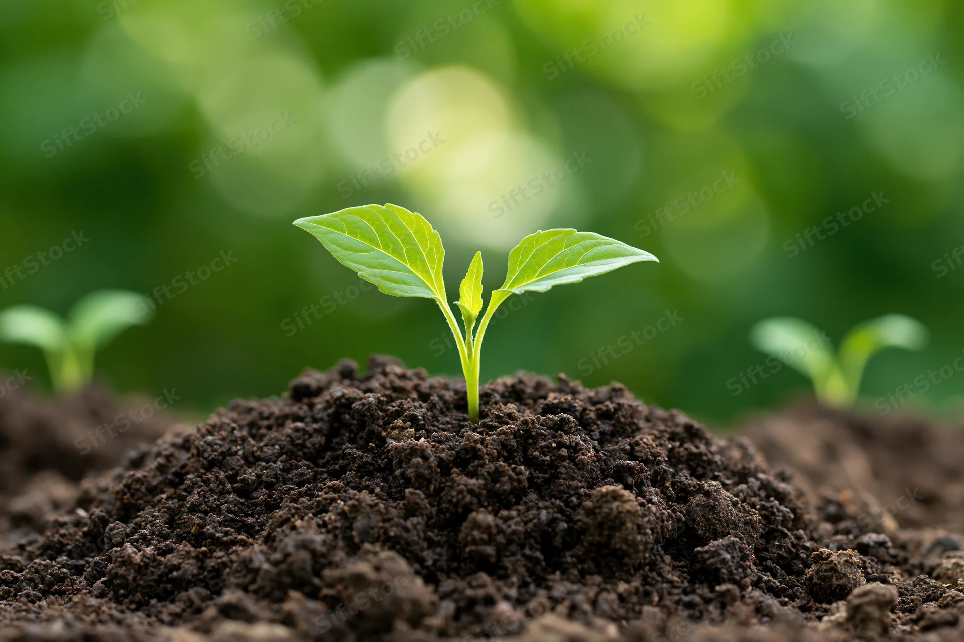 Small green seedling sprouting from a mound of dark rich soil in a garden setting