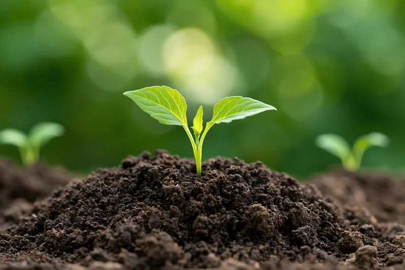 Small green seedling sprouting from a mound of dark rich soil in a garden setting