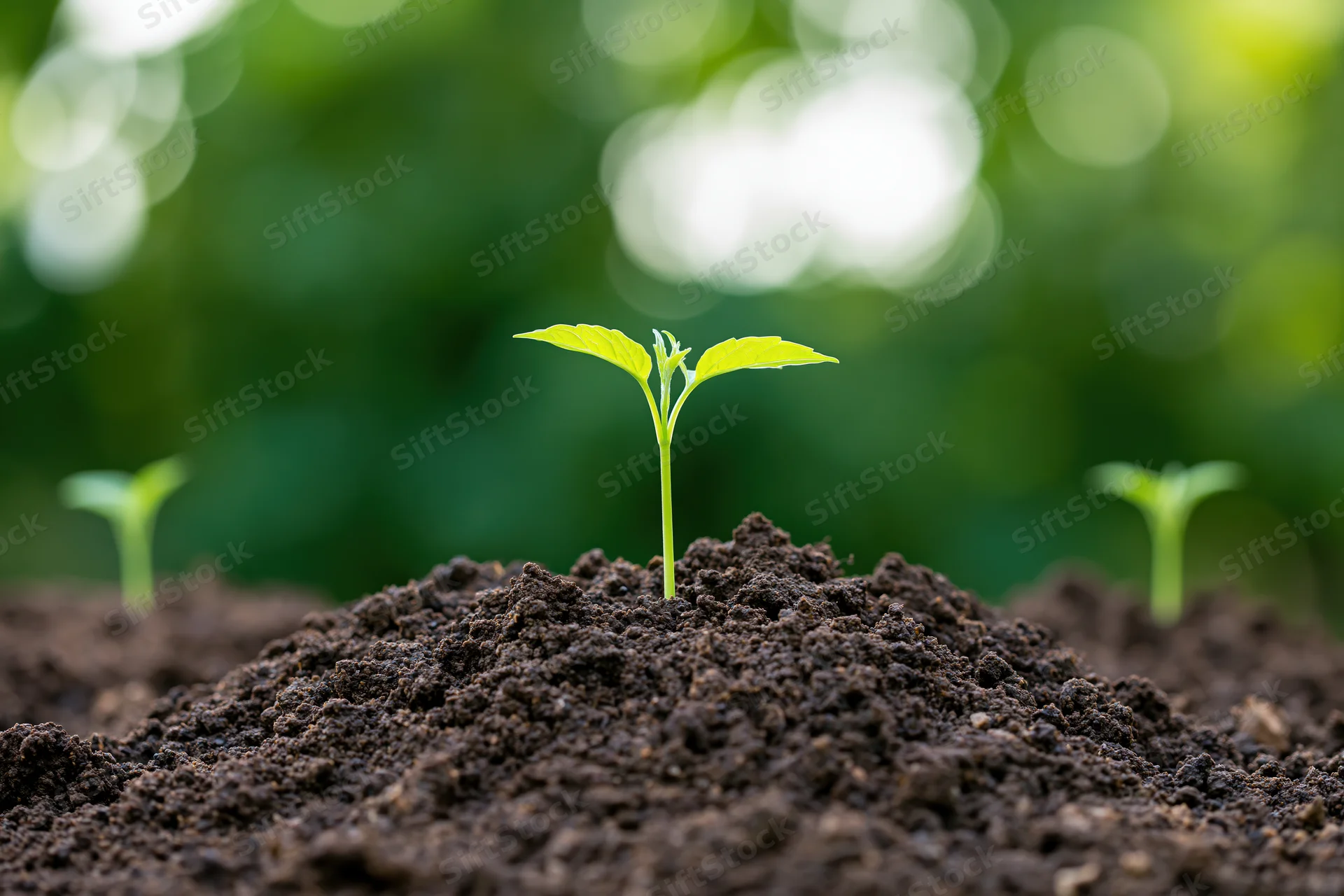 Small green seedling sprouting from a mound of dark rich soil in a garden setting